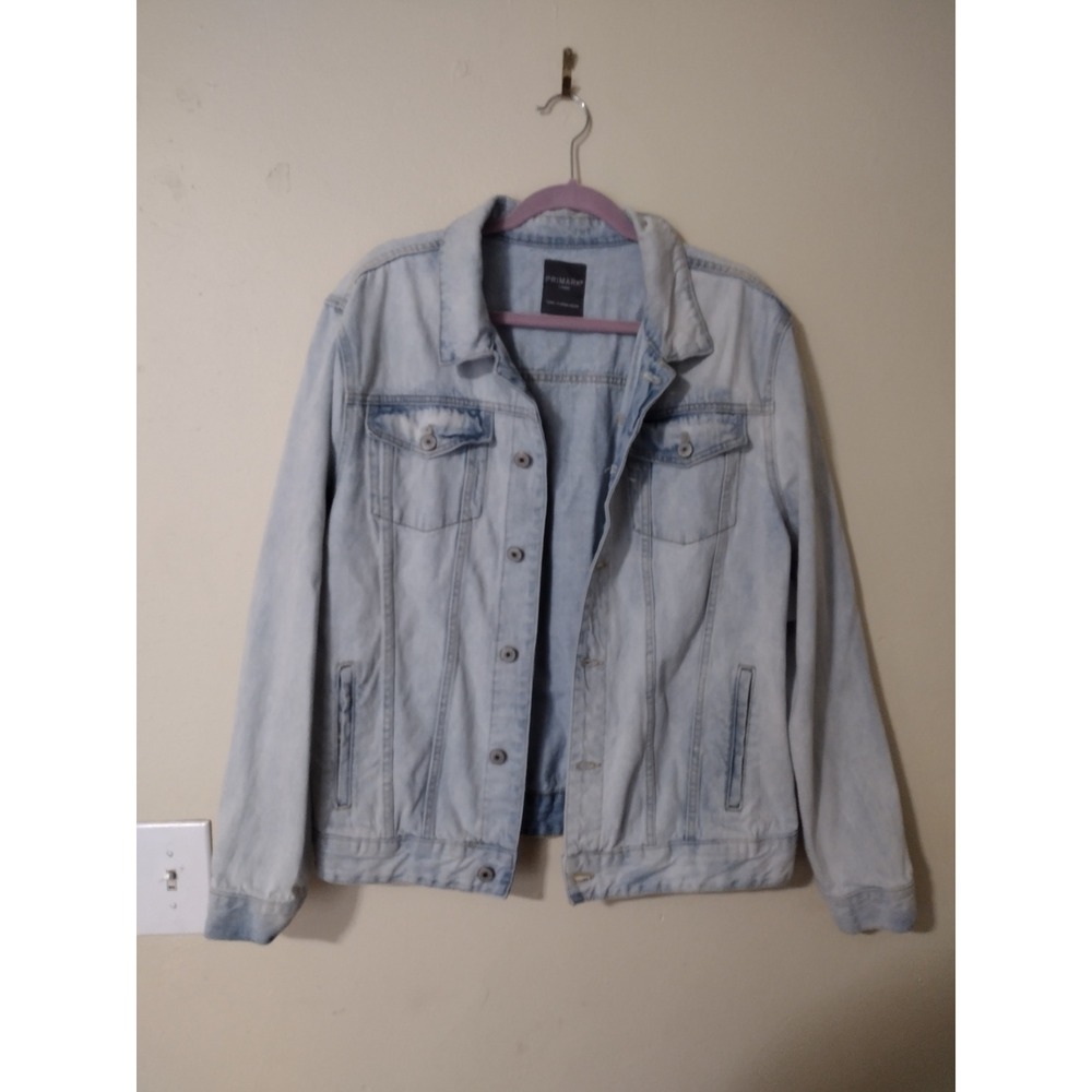 Primark Mens Light Wash Denim Jacket Flame Wings‎ Graphic Size Large